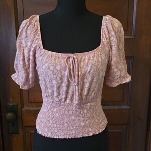 Paper Crane Pink Floral Smocked Tie-Front Crop Top